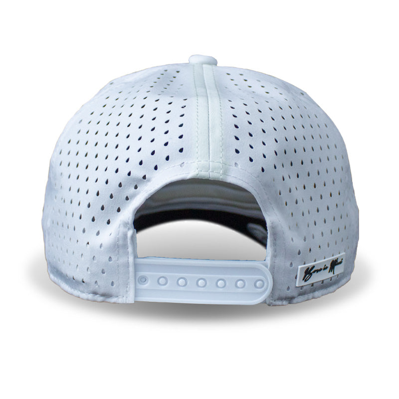 APA Golf Hat White, back view, snapback closure and Born in Miami tag