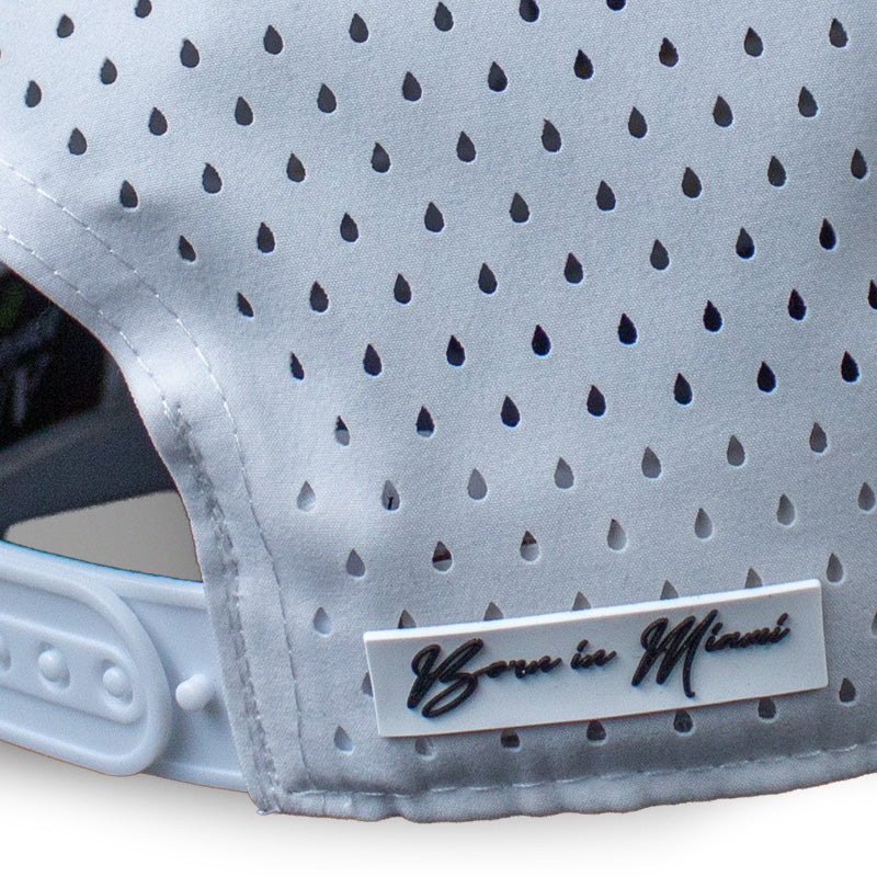APA Golf Hat White, Born in Miami script tag detail
