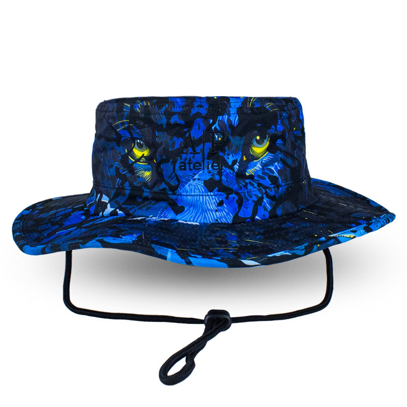 Pantera Azul boonie hat — front view, blue panther all-over print